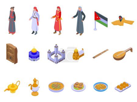 Téléchargez les illustrations : Jordan icônes ensemble vecteur isométrique. Carte du drapeau. Pays arabe - en licence libre de droit