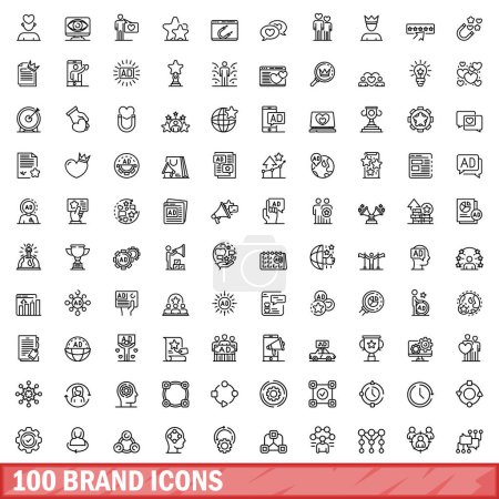 Téléchargez les illustrations : Ensemble de 100 icônes de marque. Illustration schématique de 100 icônes de marque ensemble vectoriel isolé sur fond blanc - en licence libre de droit