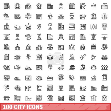 Illustration for 100 city icons set. Outline illustration of 100 city icons vector set isolated on white background - Royalty Free Image