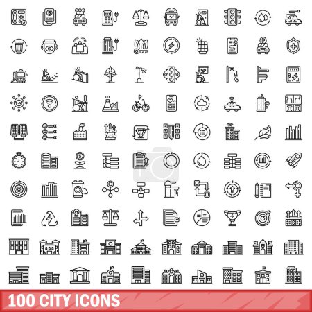 Téléchargez les illustrations : Ensemble de 100 icônes de ville. Illustration schématique de 100 icônes de la ville ensemble vectoriel isolé sur fond blanc - en licence libre de droit