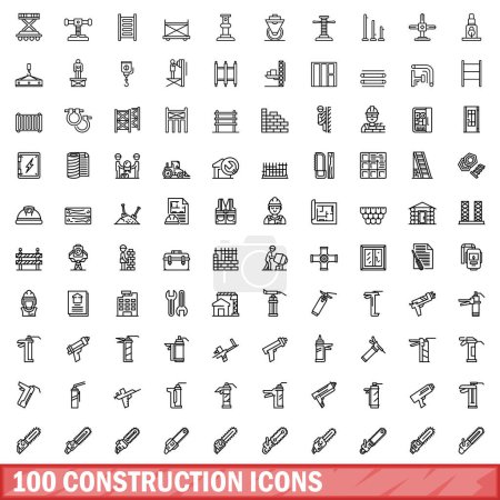 100 iconos de construcción establecidos. Esquema ilustración de 100 iconos de construcción vector conjunto aislado sobre fondo blanco
