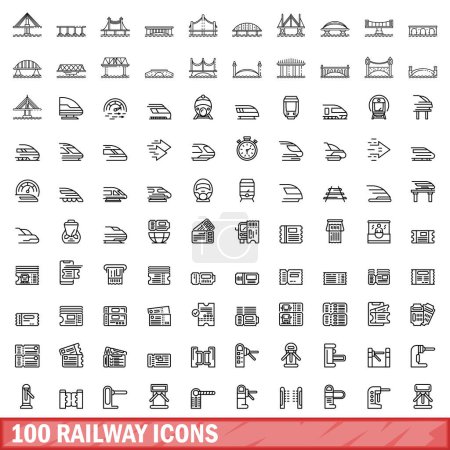 Téléchargez les illustrations : Ensemble de 100 icônes ferroviaires. Illustration schématique de 100 vecteurs d'icônes ferroviaires isolés sur fond blanc - en licence libre de droit