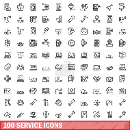 Illustration for 100 service icons set. Outline illustration of 100 service icons vector set isolated on white background - Royalty Free Image