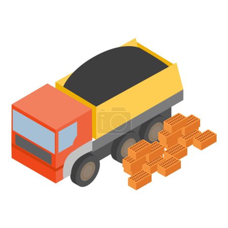 Illustration for Construction material icon isometric vector. Dump truck with asphalt, brick pile. Road work, asphalt laying - Royalty Free Image