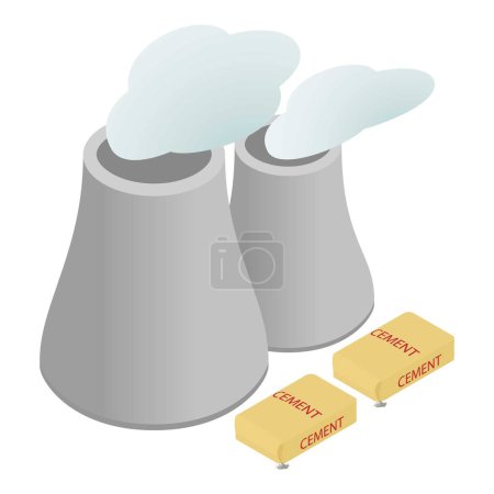 Illustration for Industrial production icon isometric vector. Two cooling tower and cement bag. Powerstation, power plant, heavy industry - Royalty Free Image