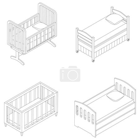 Illustration for Crib icon set. Isometric set of crib vector icons outline thin lne isolated on white - Royalty Free Image