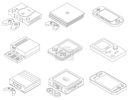 Illustration for Console icons set. Isometric set of console vector icons outline thin lne isolated on white - Royalty Free Image