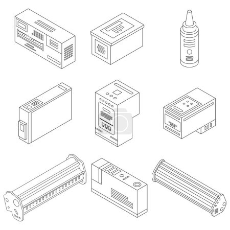 Illustration for Cartridge icons set. Isometric set of cartridge vector icons outline thin lne isolated on white - Royalty Free Image