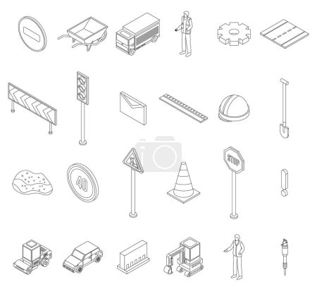 Illustration for Road repair icons set. Isometric set of road repair vector icons outline thin lne isolated on white - Royalty Free Image