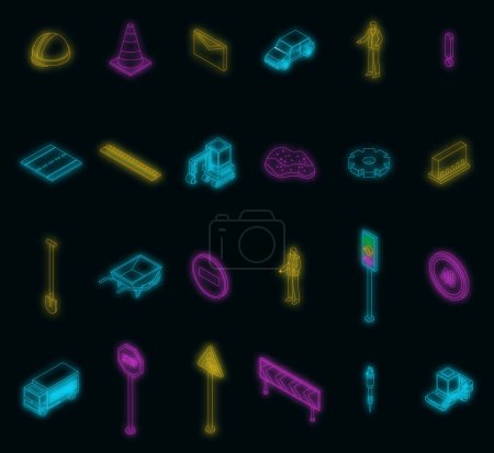 Illustration for Road repair icons set. Isometric set of road repair vector icons neon color on black - Royalty Free Image