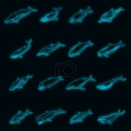 Ilustración de Conjunto de iconos de ballena. Conjunto isométrico de iconos vectoriales de ballenas color neón sobre negro - Imagen libre de derechos