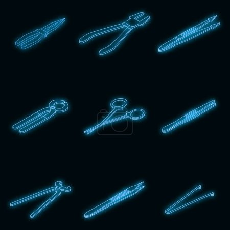 Illustration for Forceps icons set. Isometric set of forceps vector icons neon color on black - Royalty Free Image