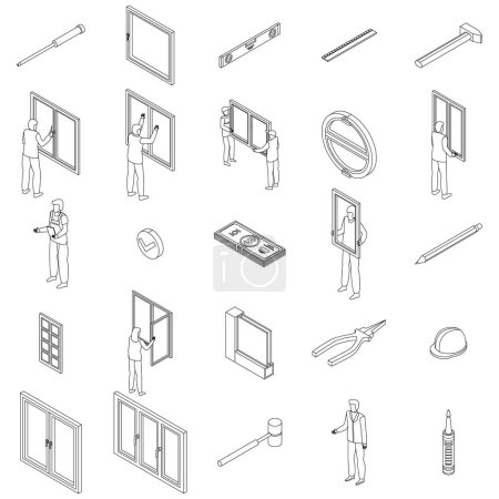 Illustration for Window installation icons set. Isometric set of window installation vector icons outline thin lne isolated on white - Royalty Free Image