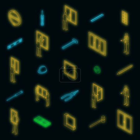Illustration for Window installation icons set. Isometric set of window installation vector icons neon color on black - Royalty Free Image