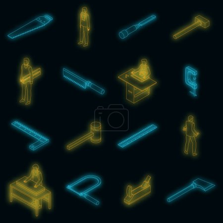 Illustration for Carpenter icons set. Isometric set of carpenter vector icons neon color on black - Royalty Free Image