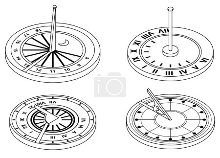 Illustration for Sundial icons set. Isometric set of sundial vector icons outline thin lne isolated on white - Royalty Free Image