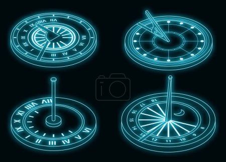 Illustration for Sundial icons set. Isometric set of sundial vector icons neon color on black - Royalty Free Image