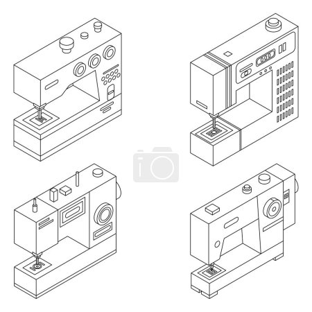 Illustration for Sew machine icons set. Isometric set of sew machine vector icons outline thin lne isolated on white - Royalty Free Image