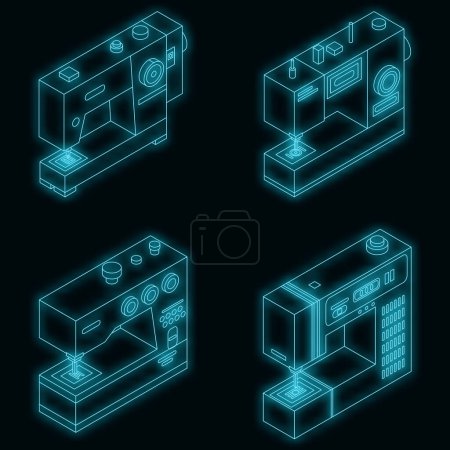 Illustration for Sew machine icons set. Isometric set of sew machine vector icons neon color on black - Royalty Free Image