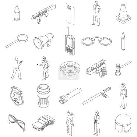 Illustration for Police equipment icons set. Isometric set of police equipment vector icons outline thin lne isolated on white - Royalty Free Image