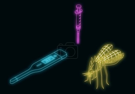 Illustration for Zika virus icons set. Isometric set of zika virus vector icons neon color on black - Royalty Free Image
