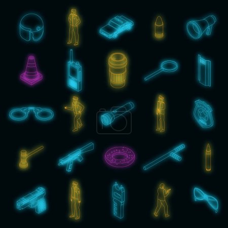 Illustration for Police equipment icons set. Isometric set of police equipment vector icons neon color on black - Royalty Free Image