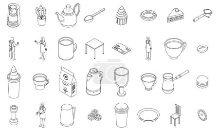 Barista icons set. Isometric set of barista vector icons outline thin lne isolated on white