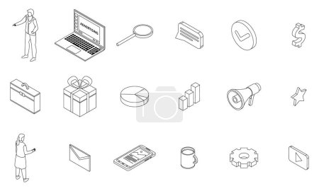 Illustration for Advertising manager icons set. Isometric set of advertising manager vector icons outline thin lne isolated on white - Royalty Free Image