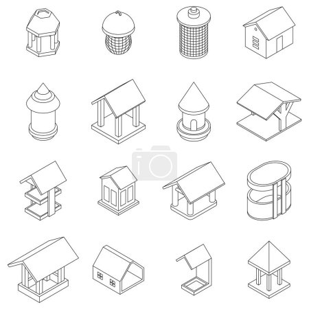 Illustration for Bird feeders icons set. Isometric set of bird feeders vector icons outline thin lne isolated on white - Royalty Free Image