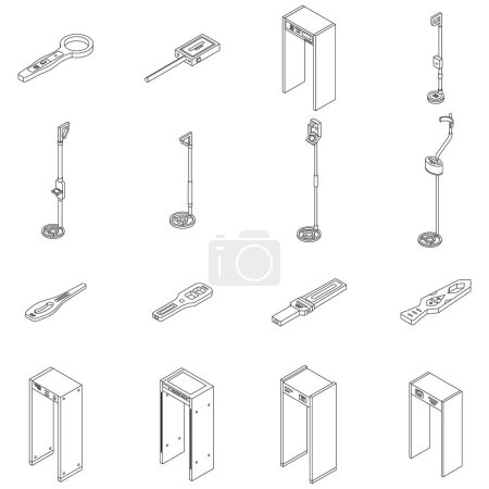 Illustration for Metal detector icons set. Isometric set of metal detector vector icons outline thin lne isolated on white - Royalty Free Image