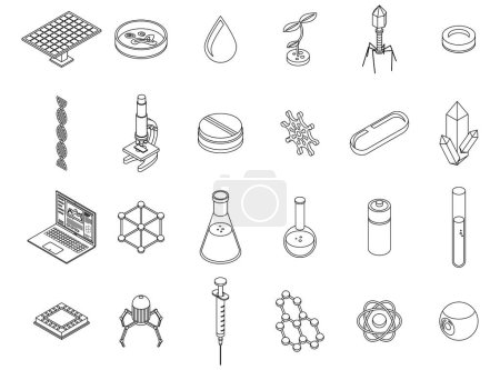 Illustration for Nanotechnology icons set. Isometric set of nanotechnology vector icons outline thin lne isolated on white - Royalty Free Image