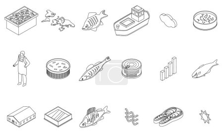 Illustration for Fish farm icons set. Isometric set of fish farm vector icons outline thin lne isolated on white - Royalty Free Image