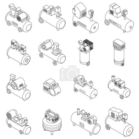 Illustration for Air compressor icons set. Isometric set of air compressor vector icons outline thin lne isolated on white - Royalty Free Image