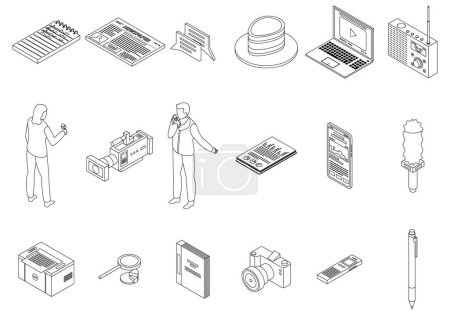 Illustration for Reporter icons set. Isometric set of reporter vector icons outline thin lne isolated on white - Royalty Free Image
