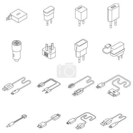 Illustration for Charger icons set. Isometric set of charger vector icons outline thin lne isolated on white - Royalty Free Image