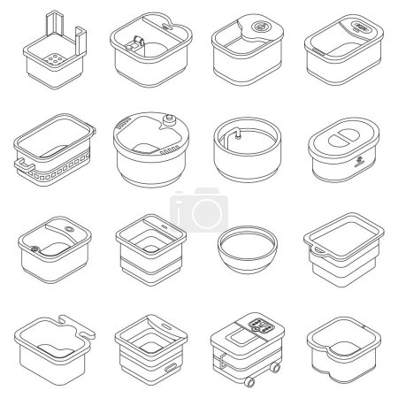 Illustration for Foot bath icons set. Isometric set of foot bath vector icons outline thin lne isolated on white - Royalty Free Image