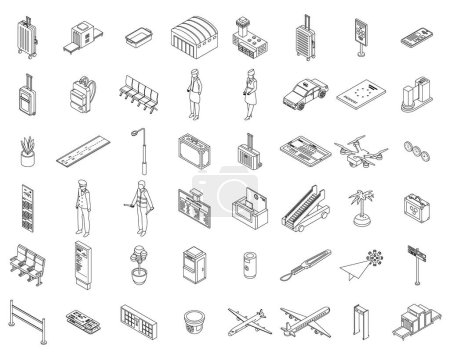 Illustration for Airlines icons set. Isometric set of airlines vector icons outline thin lne isolated on white - Royalty Free Image