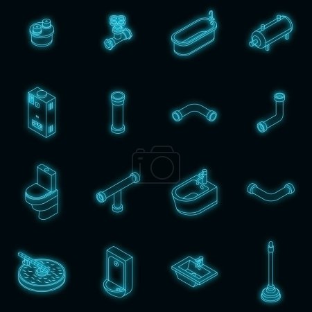 Illustration for Sewerage icons set. Isometric set of sewerage vector icons neon color on black - Royalty Free Image