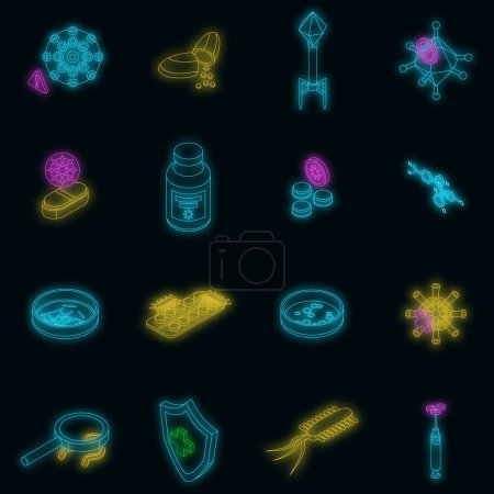 Illustration for Antibiotic resistance icons set. Isometric set of antibiotic resistance vector icons neon color on black - Royalty Free Image