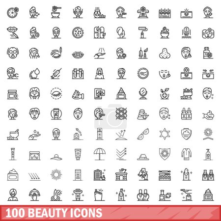 Téléchargez les illustrations : Ensemble de 100 icônes beauté. Illustration schématique de 100 icônes de beauté ensemble vectoriel isolé sur fond blanc - en licence libre de droit