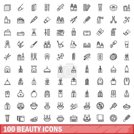 100 Beauty-Ikonen gesetzt. Umriss Illustration von 100 Beauty Icons Vektor gesetzt isoliert auf weißem Hintergrund