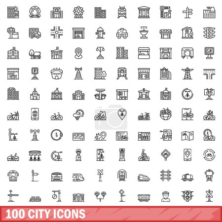 Téléchargez les illustrations : Ensemble de 100 icônes de ville. Illustration schématique de 100 icônes de la ville ensemble vectoriel isolé sur fond blanc - en licence libre de droit