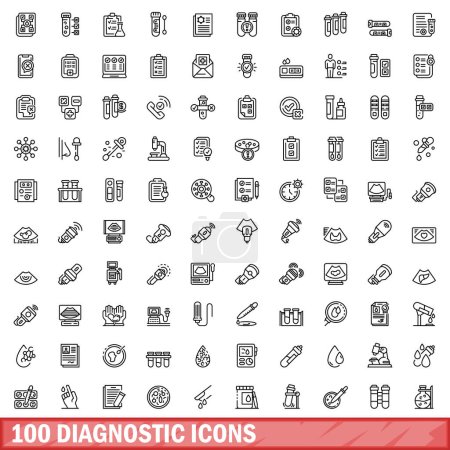 Téléchargez les illustrations : Ensemble de 100 icônes diagnostiques. Illustration schématique de 100 vecteurs d'icônes diagnostiques isolés sur fond blanc - en licence libre de droit