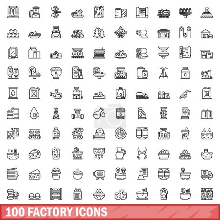 Ilustración de 100 iconos de fábrica establecidos. Esquema ilustración de 100 iconos de fábrica conjunto de vectores aislados sobre fondo blanco - Imagen libre de derechos