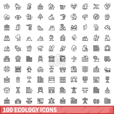 Téléchargez les illustrations : Ensemble de 100 icônes d'écologie. Illustration schématique de 100 icônes vectorielles d'écologie isolées sur fond blanc - en licence libre de droit