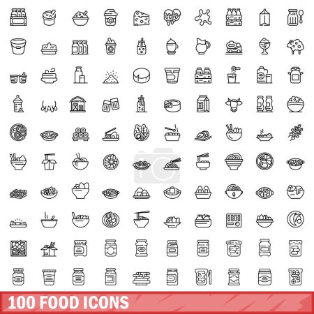 100 Lebensmittel-Ikonen gesetzt. Umriss Illustration von 100 Lebensmittel-Symbole Vektor gesetzt isoliert auf weißem Hintergrund