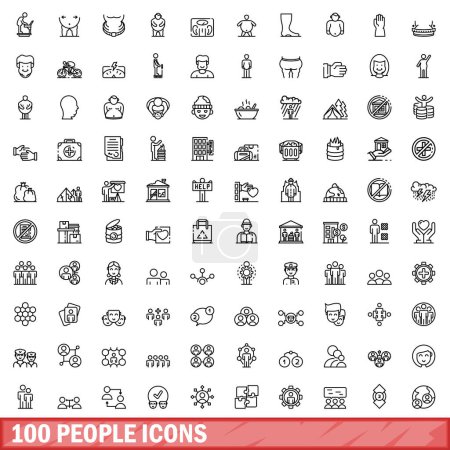 Téléchargez les illustrations : Ensemble d'icônes de 100 personnes. Illustration schématique d'un ensemble vectoriel d'icônes de 100 personnes isolé sur fond blanc - en licence libre de droit