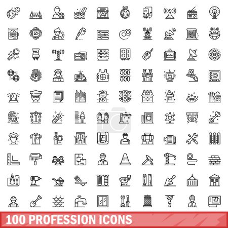 Téléchargez les illustrations : Ensemble de 100 icônes de profession. Illustration schématique de 100 icônes professionnelles ensemble vectoriel isolé sur fond blanc - en licence libre de droit
