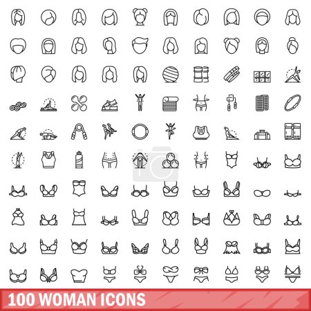 Ilustración de Conjunto de 100 iconos de mujer. Esquema ilustración de 100 mujer iconos vector conjunto aislado sobre fondo blanco - Imagen libre de derechos