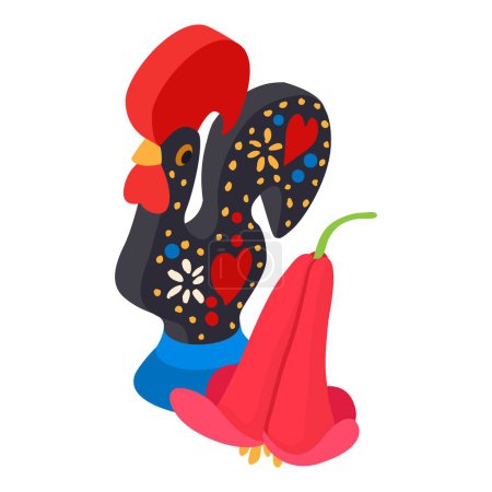 Illustration for Portuguese souvenir icon isometric vector. Ceramic rooster and madera flower. National symbol of portugal - Royalty Free Image